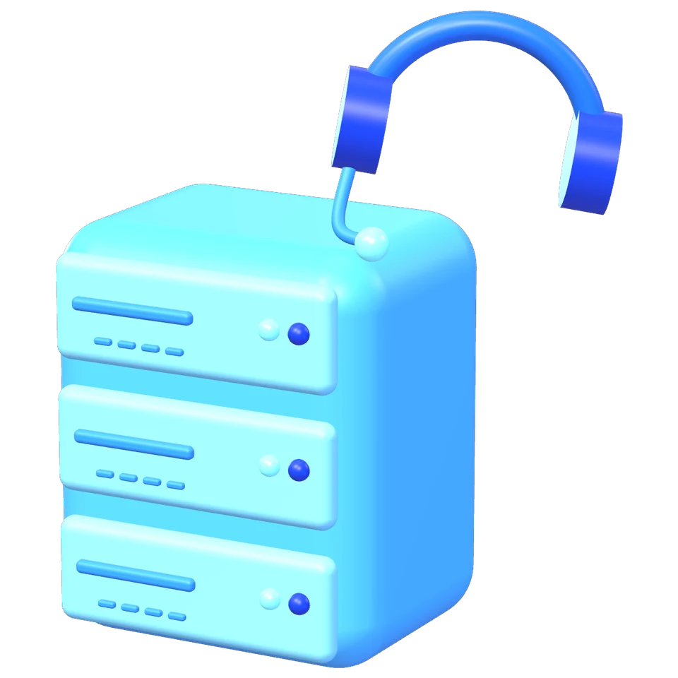 Server 3D con tre cassetti e una cuffia per l'assistenza